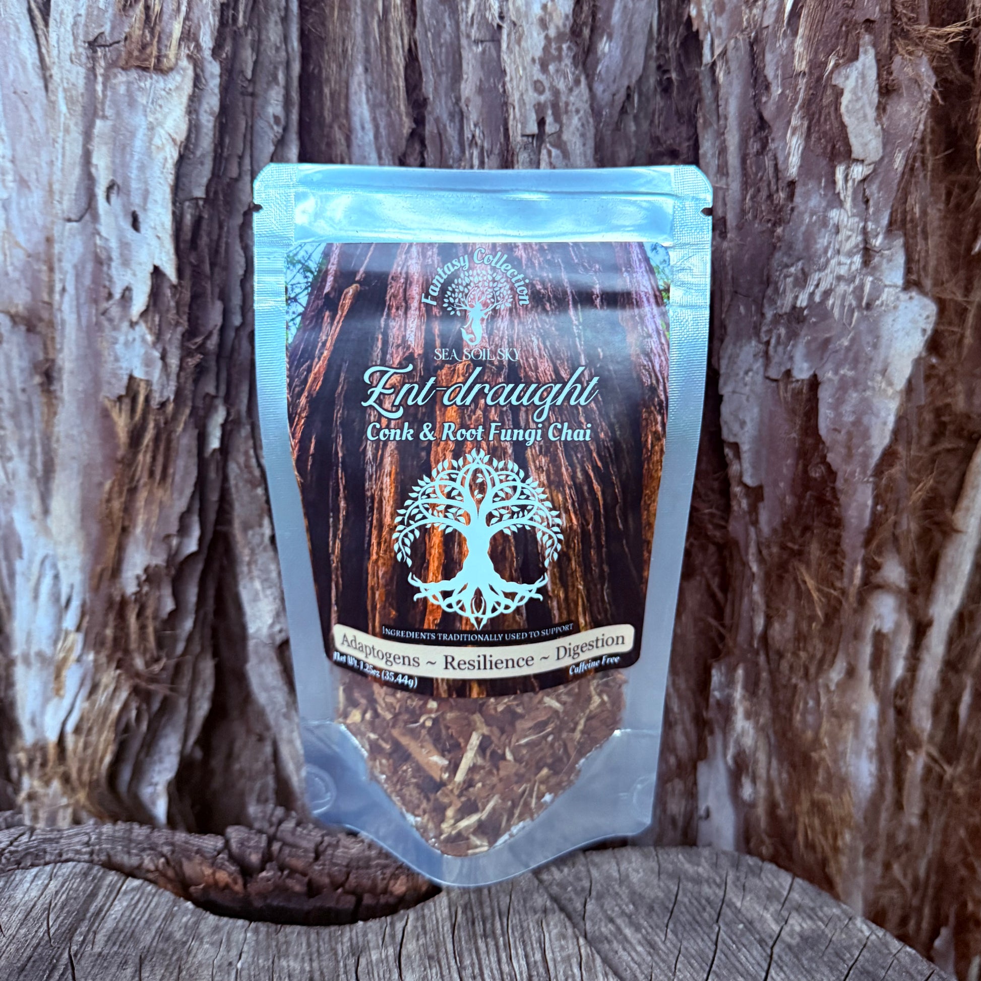 Packaged tea with a tree design on a wooden surface