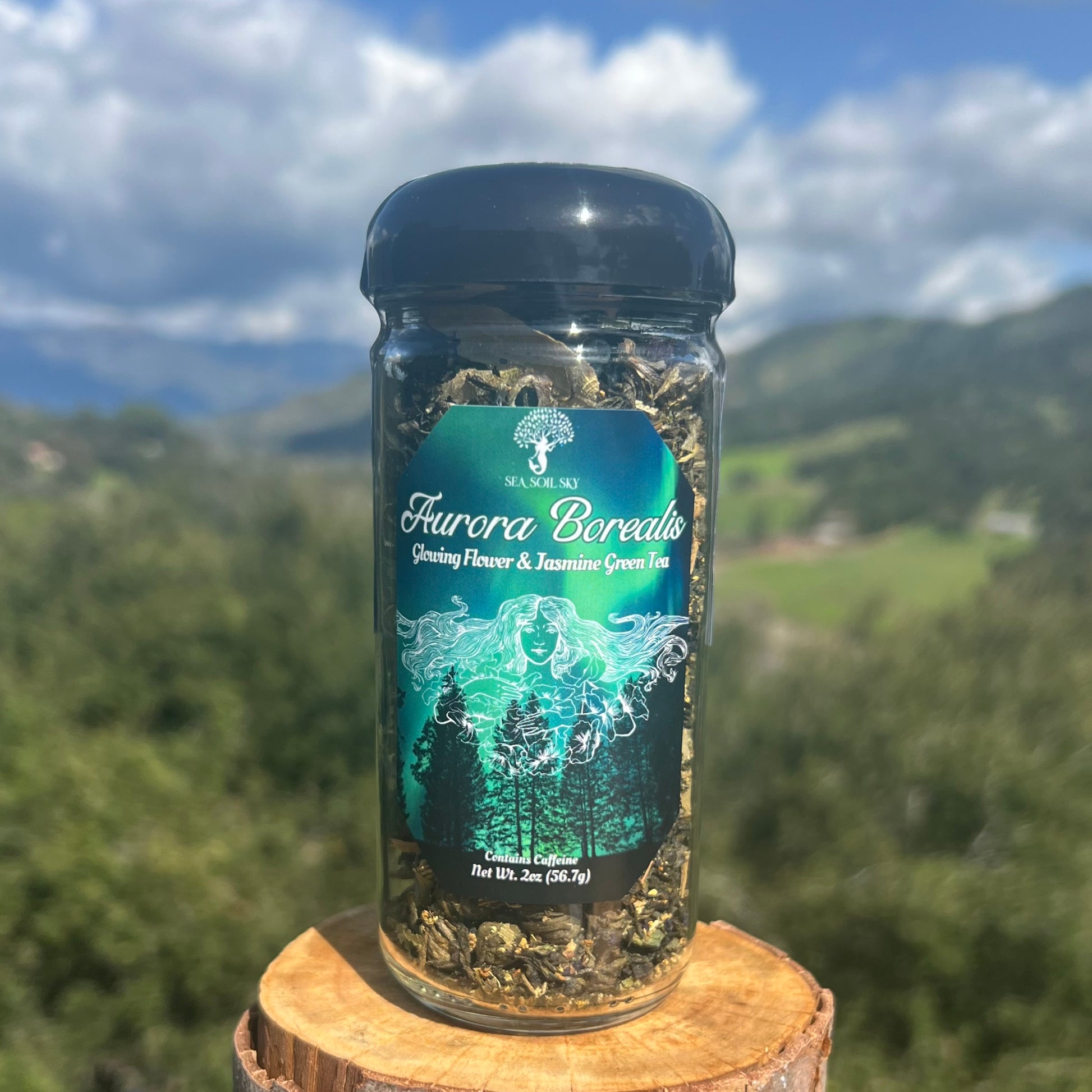 jasmine tea blend with butterfly pea flower, green tea, linden flower, and elder flower